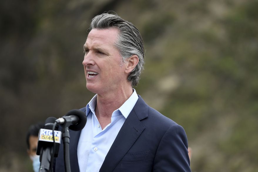 California Gov. Gavin Newsom speaks during a press conference about the newly reopened Highway 1 at Rat Creek near Big Sur, Calif., Friday, April 23, 2021. Heavy rainstorms in January 2021 caused a landslide, which closed the scenic highway. (AP Photo/Nic Coury)