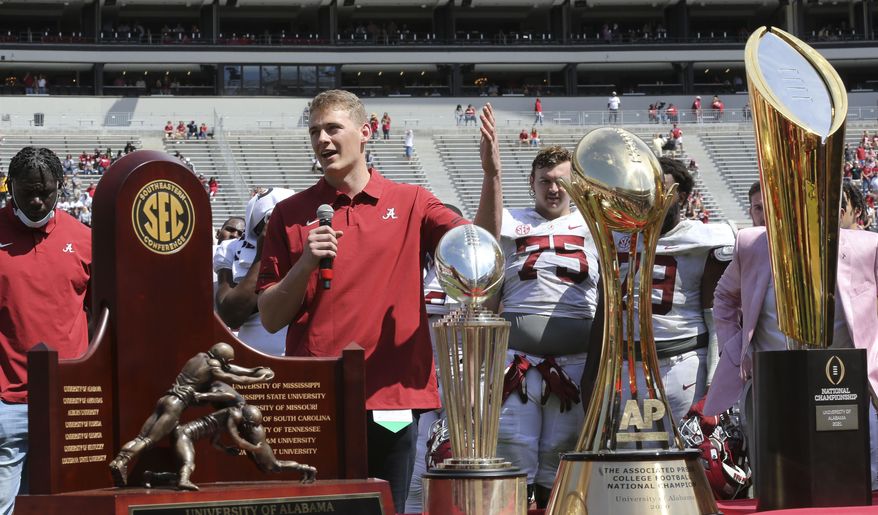 Quarterback Mac Jones speaks during the National Championship celebration following Alabama's spring NCAA college football game at Bryant-Denny Stadium, Saturday, April 17, 2021, in Tuscaloosa, Ala. (Gary Cosby/The Tuscaloosa News via AP)