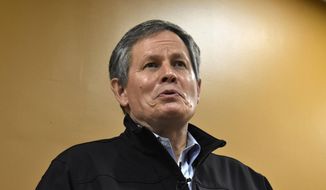 Sen. Steve Daines, Montana Republican, speaks to reporters on the campus of Montana State University Billings in Billings, Mont., on Friday, April 23, 2021. (AP Photo/Matthew Brown) **FILE**