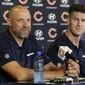 FILE - In this July 19, 2018, file photo, Chicago Bears head coach Matt Nagy, left, speaks as general manager Ryan Pace looks on at a news conference during an NFL football training camp in Bourbonnais, Ill. The Bears come into the draft with a long to-do list and big questions about the direction of the franchise. For all the uncertainty, one thing is clear. Pace and Nagy cannot afford to fumble this. (AP Photo/Nam Y. Huh, File)