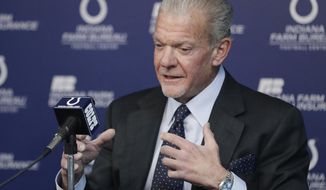FILE - Indianapolis Colts owner Jim Irsay responds to a question during a news conference at the NFL team&#x27;s facility in Indianapolis, in this Monday, Jan. 1, 2018, file photo. With his team facing major holes at left tackle and edge rusher heading into next week&#x27;s NFL draft, Irsay hopes to fill one need with the No. 21 overall pick and the other over the final six rounds. (AP Photo/Darron Cummings, File)