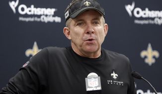 FILE - New Orleans Saints head coach Sean Payton speaks to the members of the media in Charlotte, N.C., in this Sunday, Dec. 29, 2019, file photo. The NFL will consult an advisory committee made up of former coaches, general managers and players on such issues as postponing, moving or even canceling games this season due to the coronavirus pandemic. The first New Orleans Saints draft since the retirement of all-time leading NFL passer Drew Brees might not include a quarterback. But a cornerback could be in the cards. Saints coach Sean Payton says the two Saints QBs under contract could very well be part of the club’s long-term future.  (AP Photo/Brian Blanco, File)