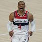 Washington Wizards guard Russell Westbrook (4) shouts before an NBA basketball game against the Oklahoma City Thunder, Friday, April 23, 2021, in Oklahoma City. (AP Photo/Sue Ogrocki)