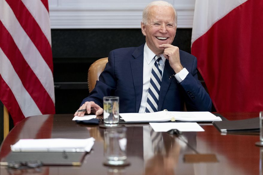 FILE - In this March 1, 2021, file photo President Joe Biden speaks during a virtual meeting with Mexican President Andres Manuel Lopez Obrador, in the Roosevelt Room of the White House in Washington. (AP Photo/Andrew Harnik, File)