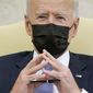 In this April 12, 2021, photo President Joe Biden speaks during a meeting with lawmakers to discuss the American Jobs Plan in the Oval Office of the White House in Washington. (AP Photo/Patrick Semansky) **FILE**