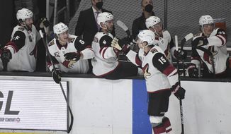 Arizona Coyotes center John Hayden (15) is congratulated after scoring against the Los Angeles Kings during the first period of an NHL hockey game, Saturday, April 24, 2021, in Los Angeles. (AP Photo/Michael Owen Baker)
