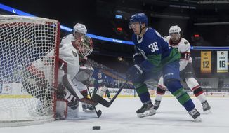 Vancouver Canucks&#39; Nils Hoglander (36) skates with the puck in front of Ottawa Senators goalie Marcus Hogberg (1) as Senators&#39; Nikita Zaitsev (22) and Nick Paul (13) watch during the third period of an NHL hockey game Saturday, April 24, 2021, in Vancouver, British Columbia. (Darryl Dyck/The Canadian Press via AP)