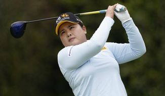 Inbee Park tees off at the second hole during the final round of the LPGA&#39;s Hugel-Air Premia LA Open golf tournament at Wilshire Country Club Saturday, April 24, 2021, in Los Angeles. (AP Photo/Ashley Landis)