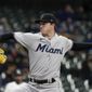 Miami Marlins starting pitcher Trevor Rogers throws during the first inning of a baseball game against the Milwaukee Brewers Monday, April 26, 2021, in Milwaukee. (AP Photo/Morry Gash)