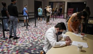 In this April 22, 2021, file photo, people wait in line to apply for seasonal jobs at Virgin Hotels Las Vegas in Las Vegas. (AP Photo/John Locher, File)