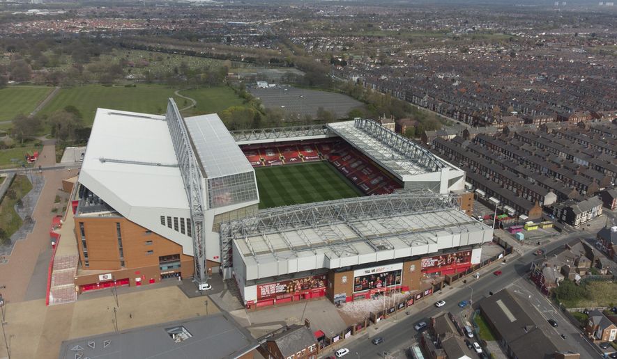 Liverpool&#39;s Anfield Stadium is seen after the collapse of English involvement in the proposed European Super League, Liverpool, England, Wednesday, April 21, 2021. Liverpool owner John W Henry has apologised to the club&#39;s supporters for the &amp;quot;disruption&amp;quot; caused by the proposed European Super League (ESL). (AP Photo/Jon Super)
