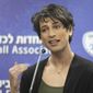 Israeli soccer referee Sapir Berman gives a press conference in Ramat Gan, Israel, Tuesday, April 27, 2021. Berman has come out as transgender and is living — and enforcing the rules of the game — as a woman. Berman announced Tuesday that she has received the support of her family, the local referees’ union and Israeli and international soccer officials. She said even players and fans have begun to address her as a woman, even if they don’t always like her calls. (AP Photo/Sebastian Scheiner)