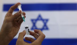 In this Jan. 7, 2021, photo, an Israeli military paramedic prepares a Pfizer COVID-19 vaccine, to be administered to elderly people at a medical center in Ashdod, southern Israel. (AP Photo/Tsafrir Abayov) **FILE**