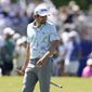 Peter Uihlein reacts after missing a putt on the 17th green during the final round of the PGA Zurich Classic golf tournament at TPC Louisiana in Avondale, La., Sunday, April 25, 2021. (AP Photo/Gerald Herbert)