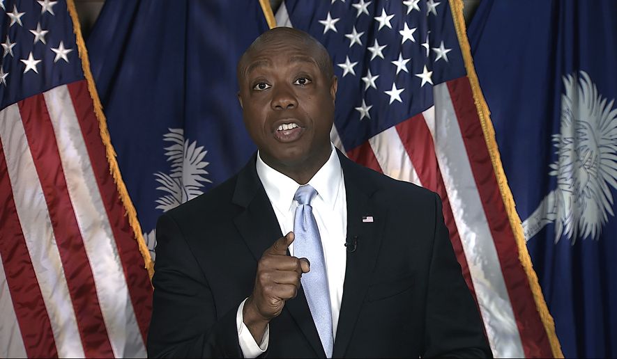 In this image from Senate Television video, Sen. Tim Scott, R-S.C., delivers the Republican response to President Joe Biden&#39;s speech to a joint session of Congress on Wednesday, April 28, 2021, in Washington. (Senate Television via AP)