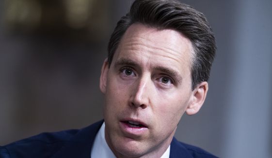 Sen. Josh Hawley, R-Mo., asks a question during the Senate Judiciary Committee confirmation hearing in Dirksen Senate Office Building in Washington, Wednesday, April 28, 2021. Ketanji Brown Jackson, nominee to be U.S. Circuit Judge for the District of Columbia Circuit, and Candace Jackson-Akiwumi, nominee to be U.S. Circuit Judge for the Seventh Circuit, testified on the first panel. (Tom Williams/Pool via AP) **FILE**