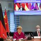German Chancellor Angela Merkel attends virtual talks with Chinese Premier Li Keqiang as part of the Sixth German-Chinese Government Consultations, in Berlin, Germany April 28, 2021.  (Michele Tantussi/Pool via AP)