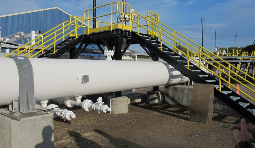 This photo taken in October 2016 shows an aboveground section of Enbridge&#x27;s Line 5 at the Mackinaw City, Mich., pump station. Michigan Gov. Gretchen Whitmer has ordered the pipeline shut down because of concerns about a potential spill in the channel that connects Lake Huron and Lake Michigan. Enbridge is resisting the order with the support of Canadian officials who say Line 5 is essential to their economy. (AP Photo/John Flesher) **FILE**