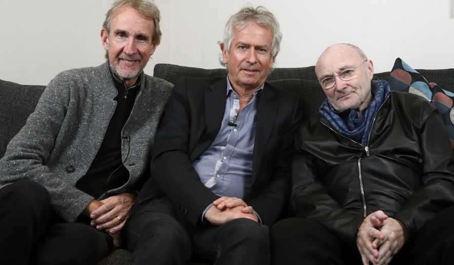 In this March 4, 2020 file photo, Genesis band members from left, Mike Rutherford, Tony Banks, and Phil Collins pose for a photo during an interview in London. The English rock band is returning to the U.S. for their first tour in 14 years. The trio announced The Last Domino? Tour on Thursday, April 29, 2021, which will kick off in Chicago on Nov. 15.  (AP Photo/Frank Augstein) **FILE**