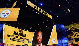 Images of Alabama running back Najee Harris are displayed after the Pittsburgh Steelers made him the 25th pick in the first round of the NFL football draft, Thursday, April 29, 2021, in Cleveland. (AP Photo/Tony Dejak)