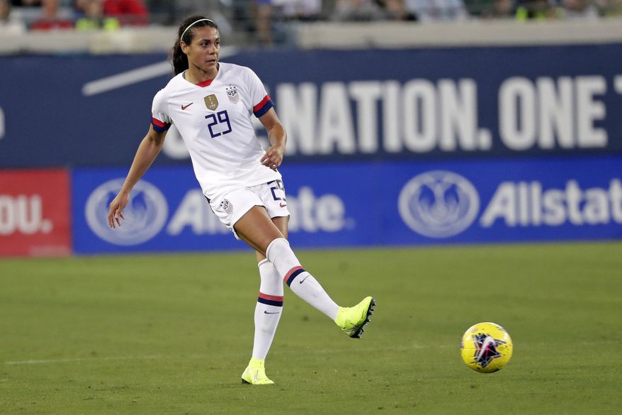 FILE  - In this Sunday, Nov. 10, 2019 file photo, United States defender Alana Cook (29) passes the ball during the first half of an international friendly soccer match against Costa Rica, in Jacksonville, Fla.  Cook joined an exclusive club when she nodded in a goal for Paris Saint-Germain against Barcelona on Sunday, April 25, 2021. Megan Rapinoe, Christen Press and Carli Lloyd are the only other American internationals to have scored at the semifinals or finals of the Women&#39;s Champions League. (AP Photo/John Raoux, File)