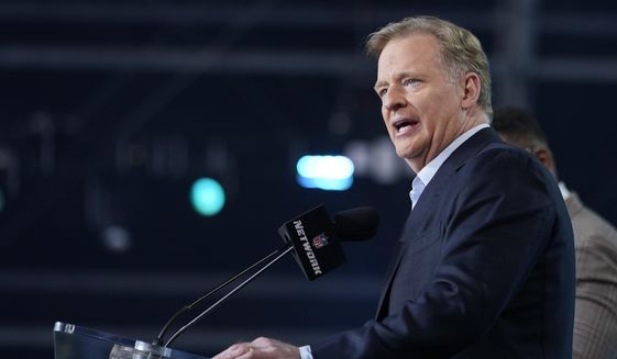 NFL Commissioner Roger Goodell announces the start of the second round of the NFL football draft, Friday, April 30, 2021, in Cleveland. (AP Photo/Tony Dejak) **FILE**