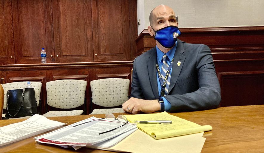 Terry Prince, Gov. J.B. Pritzker's designee as director of the Illinois Department of Veterans' Affairs, discusses changes in administration, communication, policies and infection control that he and others at the agency are implementing in response to a COVID-19 outbreak last fall at the LaSalle Veterans' Home. (AP Photo/John O'Connor)