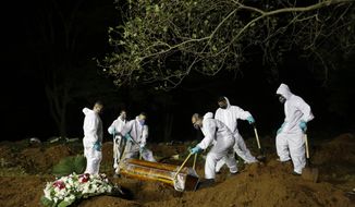 FILE - In this March 31, 2021 file photo, cemetery workers work hours past sundown, as they lower the coffin that contain the remains of a COVID-19 victim into a freshly dug grave at the Vila Formosa cemetery in Sao Paulo, Brazil. Nighttime burials at Vila Formosa and three other cemeteries in Sao Paulo were suspended Wednesday, April 28, after two weeks of declining deaths. (AP Photo/Nelson Antoine, File)