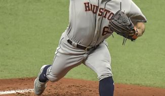 Houston Astros starter Jose Urquidy pitches against the Tampa Bay Rays during the first inning of a baseball game Saturday, May 1, 2021, in St. Petersburg, Fla. (AP Photo/Steve Nesius)