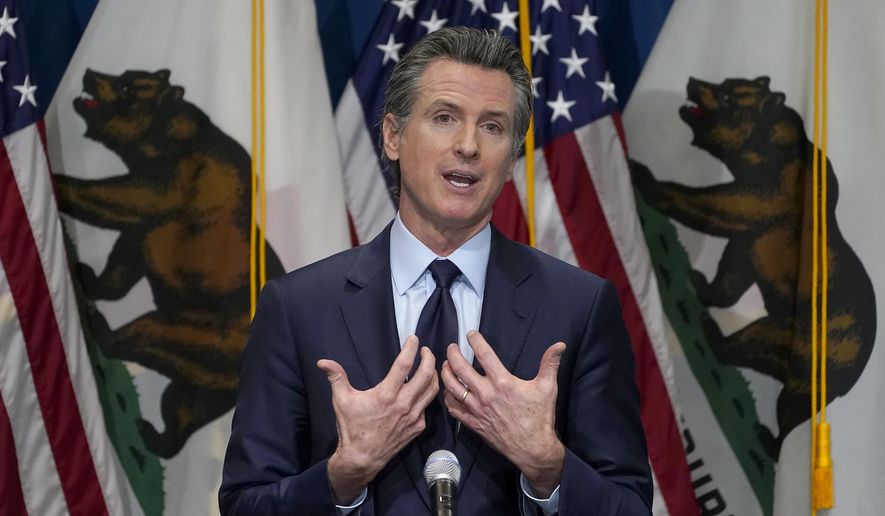 FILE - In this Jan. 8, 2021, file photo, California Gov. Gavin Newsom outlines his 2021-2022 state budget proposal during a news conference in Sacramento, Calif. The California Democratic Party is gathering for its annual convention on the heels of a recall against Newsom reaching the signature threshold to qualify for the ballot.   (AP Photo/Rich Pedroncelli, Pool, File)