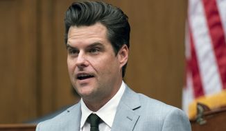 In this April 14, 2021, file photo, Rep. Matt Gaetz, R-Fla., questions a witness during a House Armed Services Committee hearing on Capitol Hill in Washington. (AP Photo/Manuel Balce Ceneta, File)
