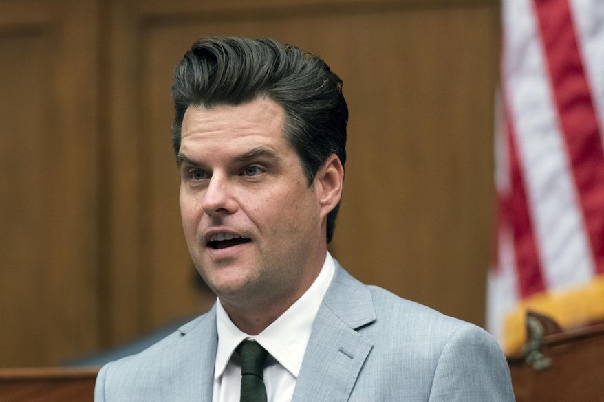 In this April 14, 2021, file photo, Rep. Matt Gaetz, R-Fla., questions a witness during a House Armed Services Committee hearing on Capitol Hill in Washington. (AP Photo/Manuel Balce Ceneta, File)