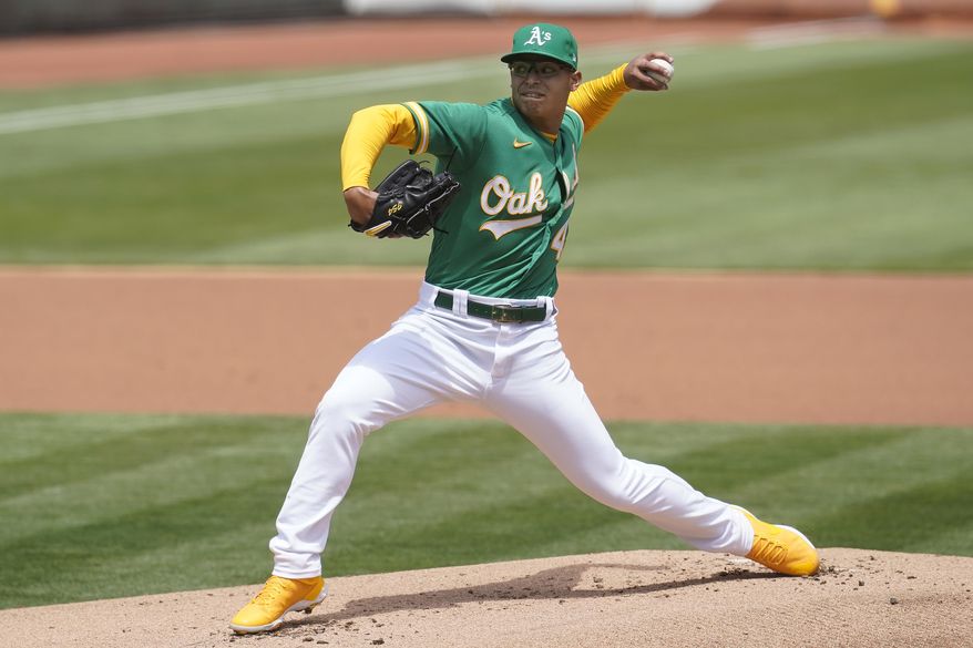 Oakland Athletics&#39; Jesus Luzardo pitches against the Baltimore Orioles during the first inning of a baseball game in Oakland, Calif., Saturday, May 1, 2021. (AP Photo/Jeff Chiu)