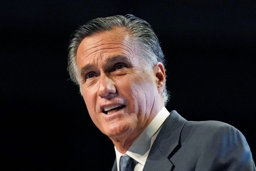 Sen. Mitt Romney was booed by the audience during the Utah Republican Party 2021 Organizing Convention on Saturday. (Associated Press)