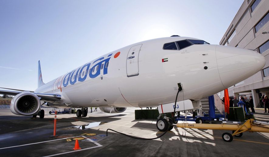 FILE - This Oct. 27, 2010 file photo, shows a Boeing 737 being delivered to flydubai in Seattle, Washington. Dubai&#39;s budget carrier flydubai reported Sunday, May 2, 2021, a loss of $194 million in 2020 as revenue fell by more than 50% in what it described as one of the toughest years in the aviation industry. (AP Photo/Elaine Thompson, File)