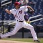 Washington Nationals starting pitcher Max Scherzer throws during the first inning of a baseball game against the Miami Marlins at Nationals Park, Sunday, May 2, 2021, in Washington. (AP Photo/Alex Brandon)