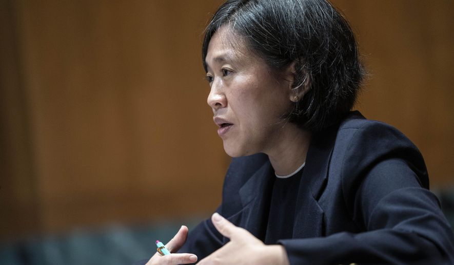 In this file photo, U.S. Trade Representative Katherine Tai testifies during a Senate hearing on the proposed budget for fiscal year 2022 for the Office of the U.S. Trade Representative on Capitol Hill on Wednesday, April 28, 2021, in Washington. (Sarah Silbiger/Pool via AP) ** FILE **