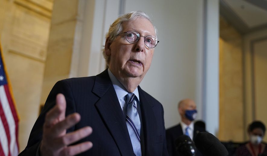 In this April 20, 2021, file photo, Senate Minority Leader Mitch McConnell, R-Ky., talks after a GOP policy luncheon, on Capitol Hill in Washington. (AP Photo/J. Scott Applewhite, File)
