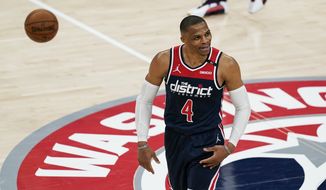 Washington Wizards guard Russell Westbrook (4) reacts during a break in the second half of a basketball game against the Indiana Pacers, Monday, May 3, 2021, in Washington. (AP Photo/Alex Brandon) **FILE**