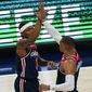 Washington Wizards guard Bradley Beal (3) and Washington Wizards guard Russell Westbrook (4) react after a play during the first half of a basketball game against the Indiana Pacers , Monday, May 3, 2021, in Washington. (AP Photo/Alex Brandon) **FILE**