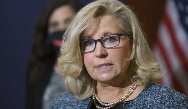 In this April 20, 2021, photo, Rep. Liz Cheney, R-Wyo., the House Republican Conference chair, speaks with reporters following a GOP strategy session on Capitol Hill in Washington. Donald Trump and his supporters are intensifying efforts to shame members of the party who are seen as disloyal to the former president and his false claims that last year&#x27;s election was stolen from him. (AP Photo/J. Scott Applewhite) **FILE**