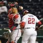 Atlanta Braves catcher William Contreras throws the ball back to the pitcher after Washington Nationals&#39; Juan Soto strikes out during the eighth inning of baseball game at Nationals Park, Tuesday, May 4, 2021, in Washington. The Braves won 6-1. (AP Photo/Alex Brandon)