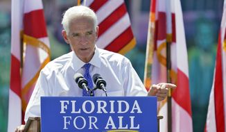 U.S. Rep. Charlie Crist, D-St. Petersburg, gestures while he speaks to supporters during a campaign rally as he announces his run for Florida governor Tuesday, May 4, 2021, in St. Petersburg, Fla. Crist, who served as Florida governor for a single term before running other offices, is seeking the states highest office once again, this time as a Democrat. (AP Photo/Chris O&#39;Meara)