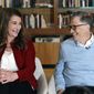 FILE - In this Feb. 1, 2019, file photo, Bill and Melinda Gates smile at each other during an interview in Kirkland, Wash. The couple announced Monday, May 3, 2021, that they are divorcing. The Microsoft co-founder and his wife, with whom he launched the world&#39;s largest charitable foundation, said they would continue to work together at The Bill &amp;amp; Melinda Gates Foundation. (AP Photo/Elaine Thompson, File)