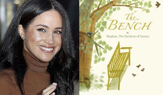 This combination photo shows Meghan, Duchess of Sussex leaving Canada House in London, on Jan. 7, 2020, left, and cover art for her upcoming children&#39;s book &amp;quot;The Bench,&amp;quot; with pictures by Christian Robinson. The book will publish on June 8. (AP Photo, left, and Random House Children’s Books via AP)