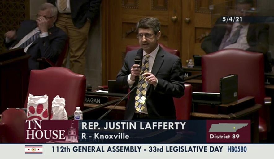 In this still image from video provided by the Tennessee General Assembly, Rep. Justin Lafferty, R-Knoxville, speaks on the floor of the House of Representatives at the State Capitol in Nashville, Tenn., on Tuesday, May 4, 2021. Lafferty falsely declared that an 18th century policy designating a slave as three-fifths of a person was adopted for “the purpose of ending slavery,&amp;quot; commenting amid a debate over whether educators should be restricted while teaching about systematic racism in America. (Tennessee General Assembly via AP)