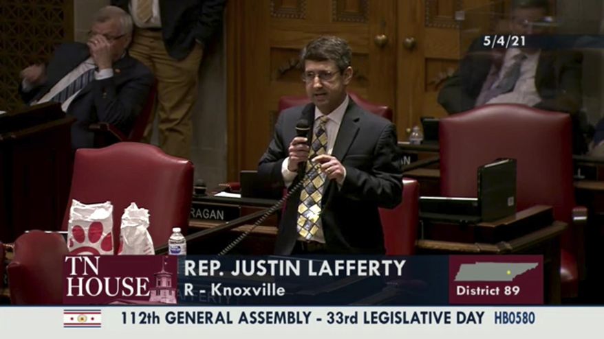In this still image from video provided by the Tennessee General Assembly, Rep. Justin Lafferty, R-Knoxville, speaks on the floor of the House of Representatives at the State Capitol in Nashville, Tenn., on Tuesday, May 4, 2021. Lafferty falsely declared that an 18th century policy designating a slave as three-fifths of a person was adopted for “the purpose of ending slavery,&amp;quot; commenting amid a debate over whether educators should be restricted while teaching about systematic racism in America. (Tennessee General Assembly via AP)