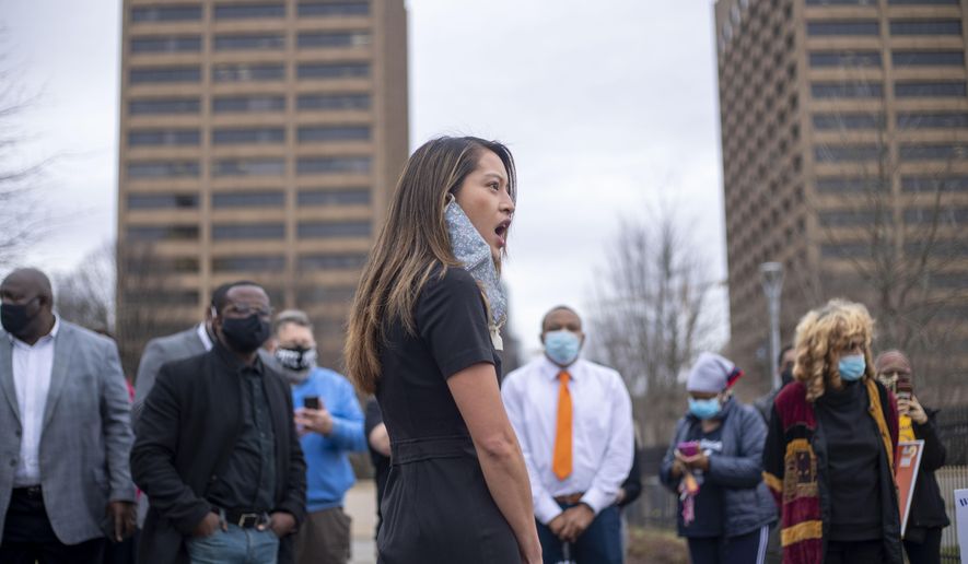 FILE - In this March 1, 2021 file photo, Rep. Bee Nguyen (D-Atlanta) speaks to demonstrators at an HB 531 protest outside of the Georgia State Capitol Building on day 25 of the legislative session in Atlanta. Nguyen announced Tuesday, May 4, that she's running for Georgia secretary of state in 2022. (Alyssa Pointer/Atlanta Journal-Constitution via AP, File)