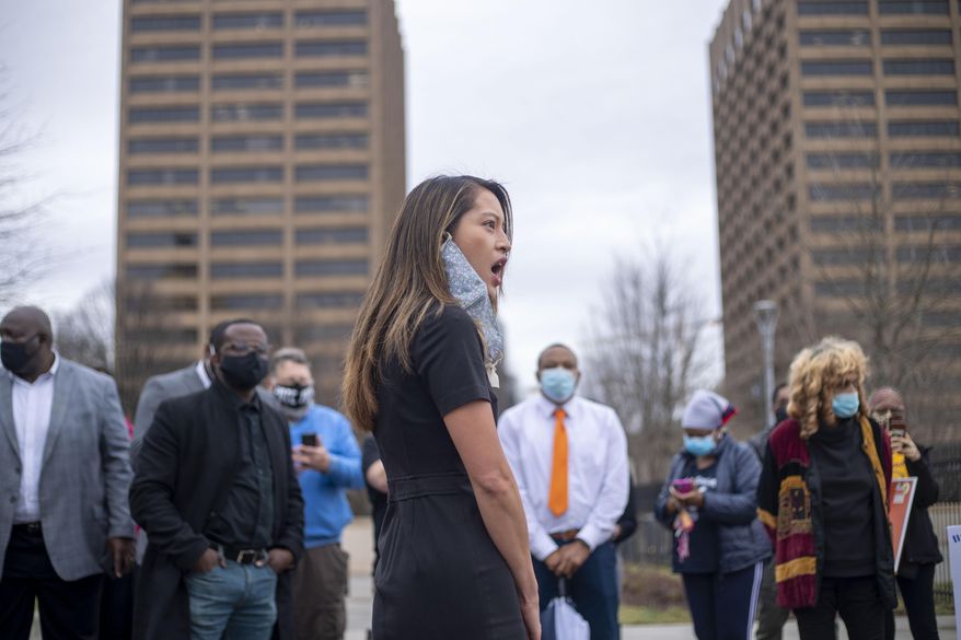 FILE - In this March 1, 2021 file photo, Rep. Bee Nguyen (D-Atlanta) speaks to demonstrators at an HB 531 protest outside of the Georgia State Capitol Building on day 25 of the legislative session in Atlanta. Nguyen announced Tuesday, May 4, that she's running for Georgia secretary of state in 2022. (Alyssa Pointer/Atlanta Journal-Constitution via AP, File)