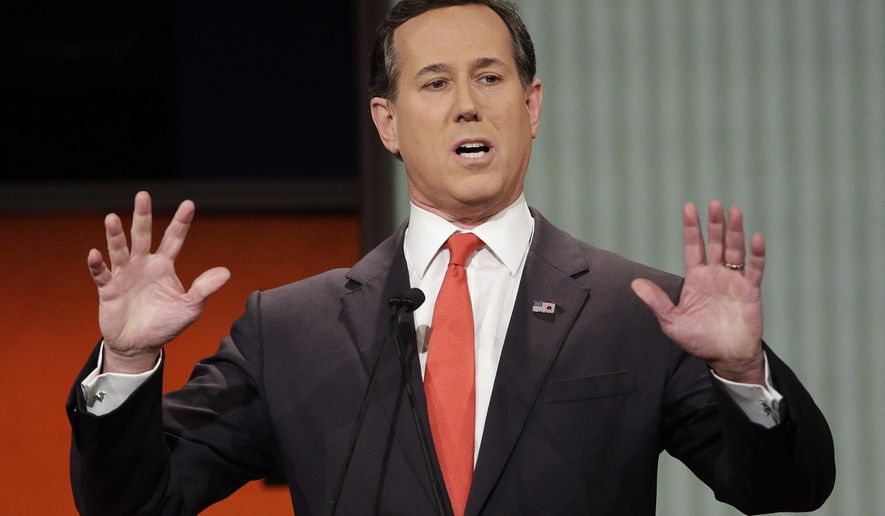 FILE - Republican presidential candidate, former Pennsylvania Sen. Rick Santorum speaks during the Fox Business Network Republican presidential debate in North Charleston, S.C. on Jan. 14, 2016. The CNN analyst went on the network to try and explain comments about Native Americans that have led to criticism, but didn&#39;t appear to calm things down. Santorum told a group of young conservative last month that there was ‘nothing here’ when immigrants founded the United States. That angered Native Americans and others. He said on CNN Monday that he was speaking in context of the U.S. government&#39;s creation and didn&#39;t mean to minimize treatment of Native Americans. (AP Photo/Chuck Burton, File)